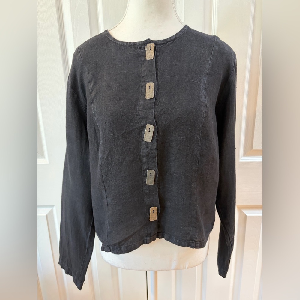 KCI Black Linen Blouse/Cardigan with Fun Silver Buttons Size S